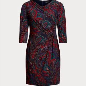 RALPH LAUREN Twisted Knot Red Navy Blue Green Paisley Long Sleeve Midi Dress